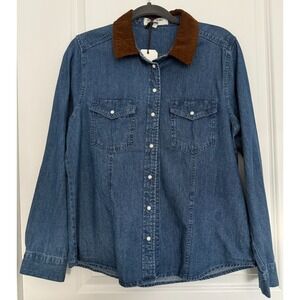 Velvet Heart LARGE NWT Western Denim Shirt Pearl Snaps Corduroy Collar Chambray